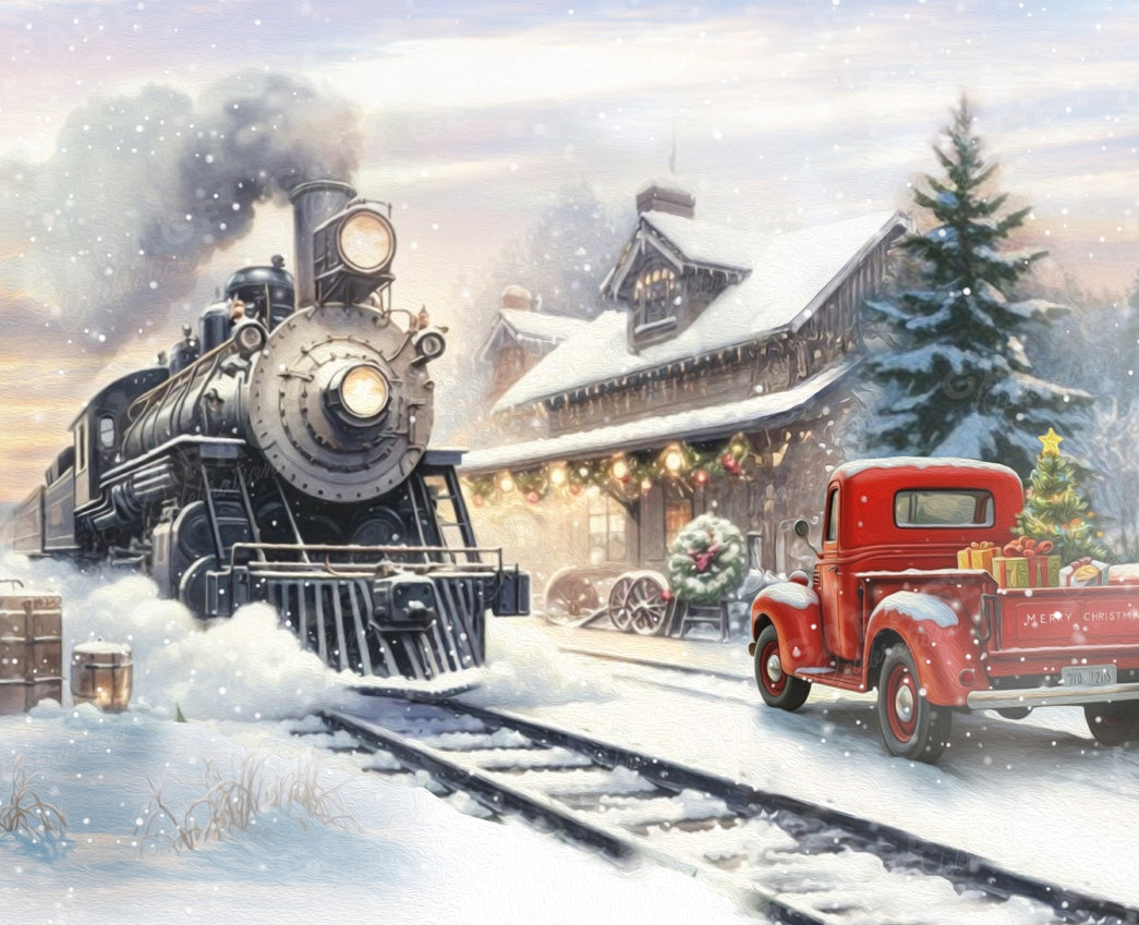 Vintage train and red truck on snow-covered tracks with a festive station in the background.