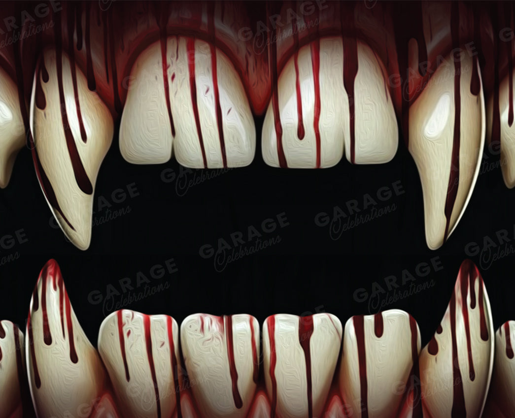 Frightening mouth with teeth design with blood-like patterns on a dark background.