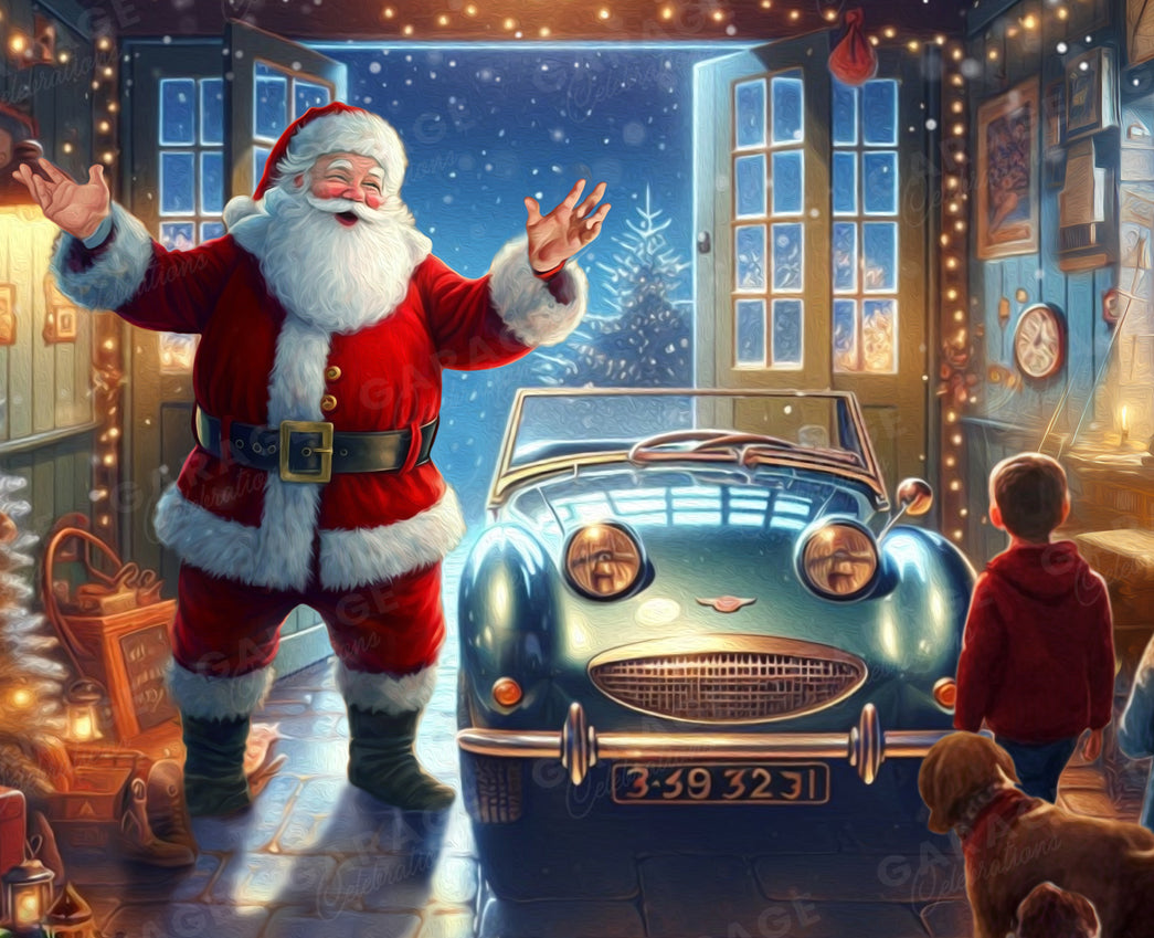 Santa Claus standing next to a vintage car with a child and dog in a festive room.