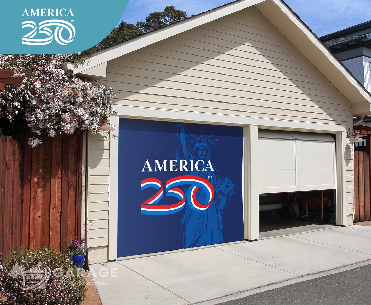 Garage door with 'America 250' design in front of a house