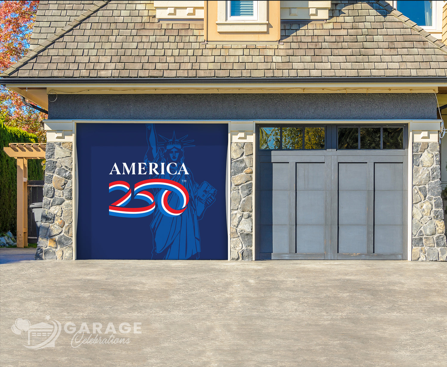 Garage door with 'America 250' design featuring the Statue of Liberty.