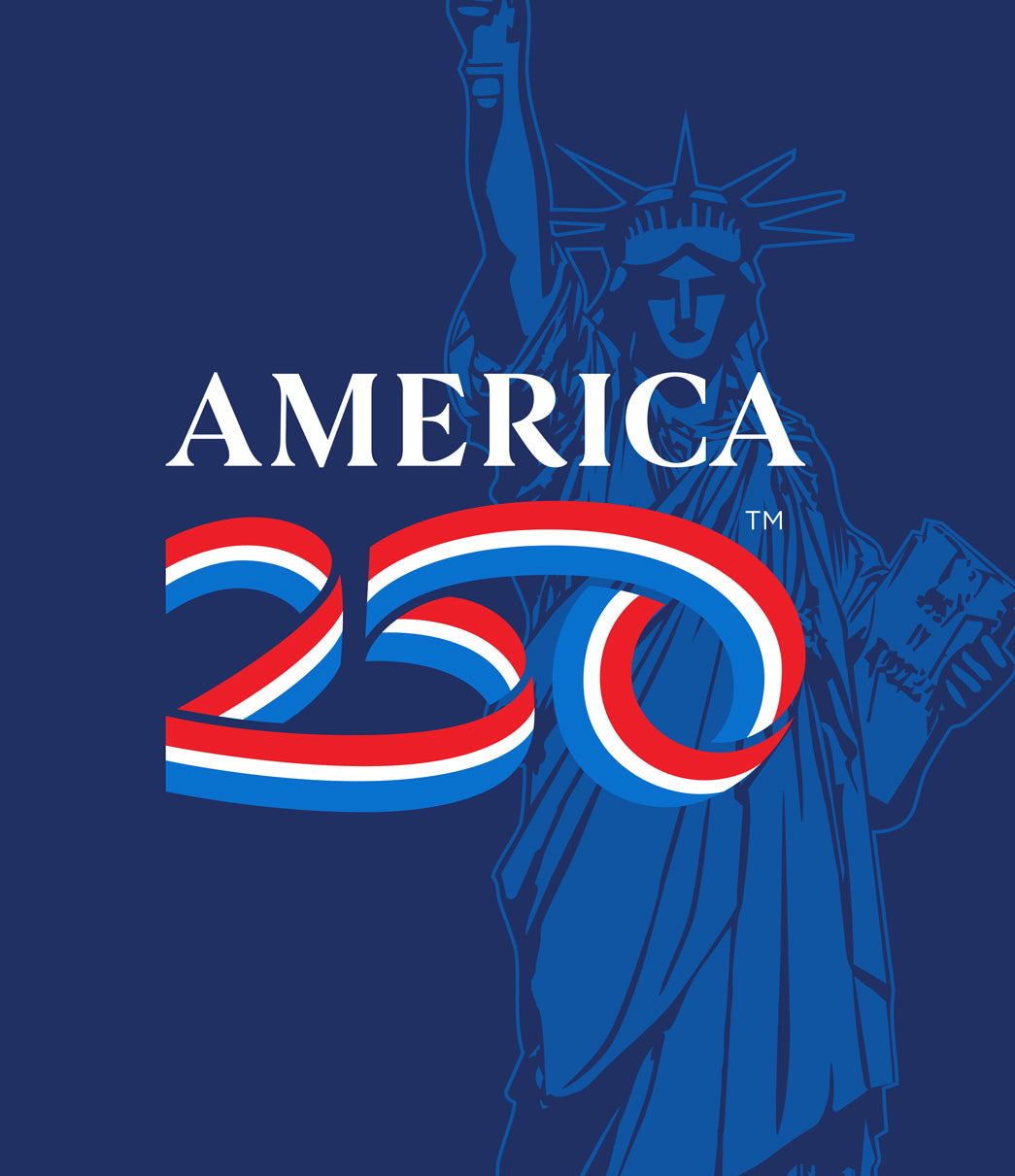 Design with Statue of Liberty silhouette and 'America 250' logo on a blue background