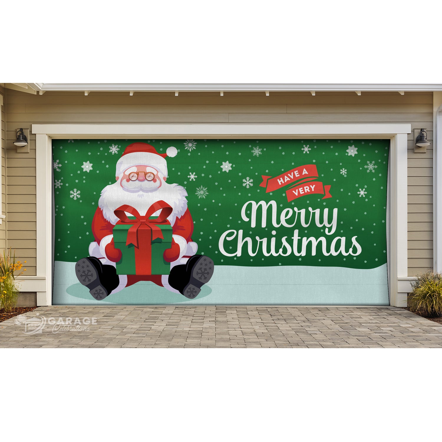 Illustration of a Santa Claus holding a gift on a residential garage door.