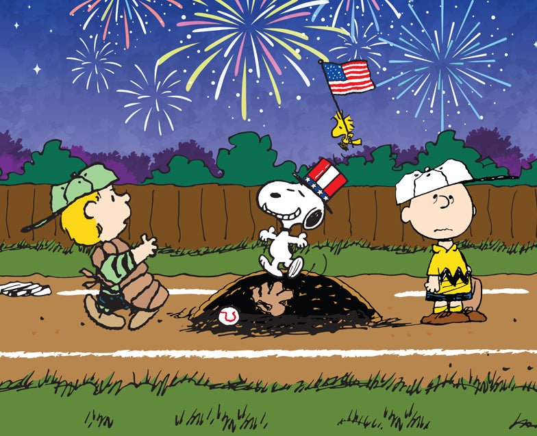Snoopy and other Peanuts characters celebrating a Fourth of July event with fireworks in the background.
