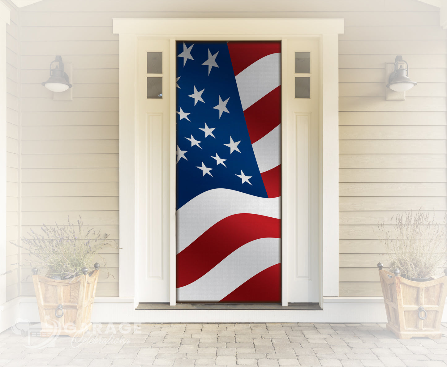 American flag design on a door with a white house exterior.