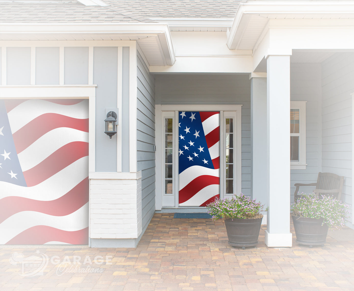 American Flag on a residential door with bushes.