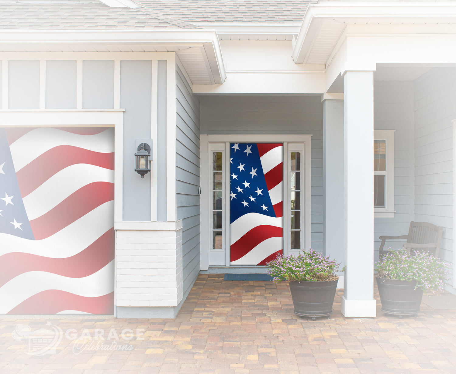 American Flag on a residential door with bushes.