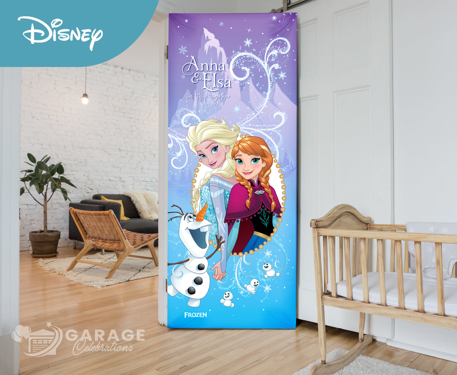 Decorative bedroom door cover with Disney characters Anna, Elsa, and Olaf in a room setting.