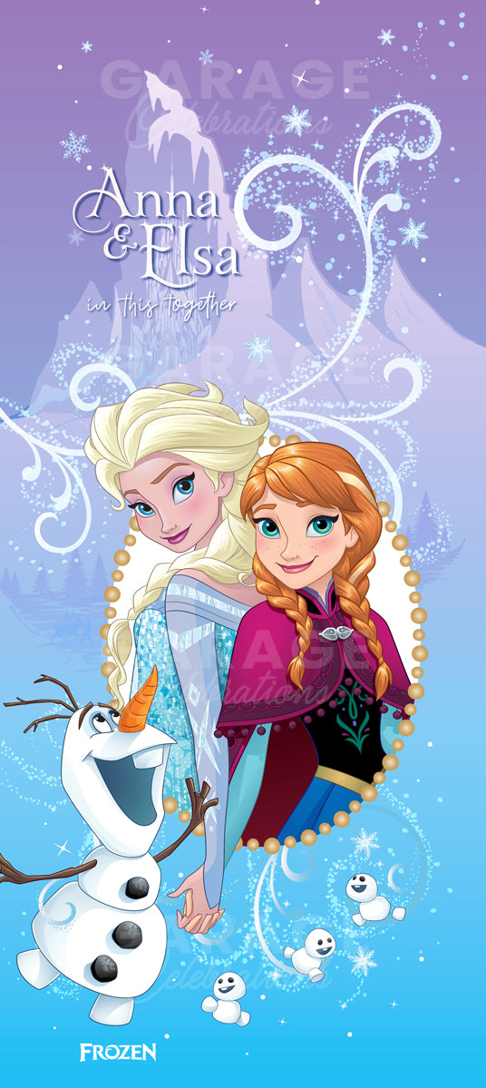 Illustration of Anna and Elsa from Frozen with Olaf on a blue and purple background