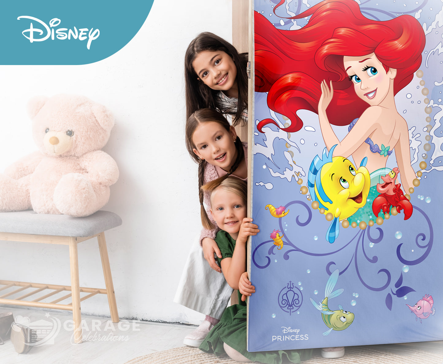 Children peeking around a door cover featuring Princess Ariel from Disney's The Little Mermaid with sea-themed decorations and aquatic characters.