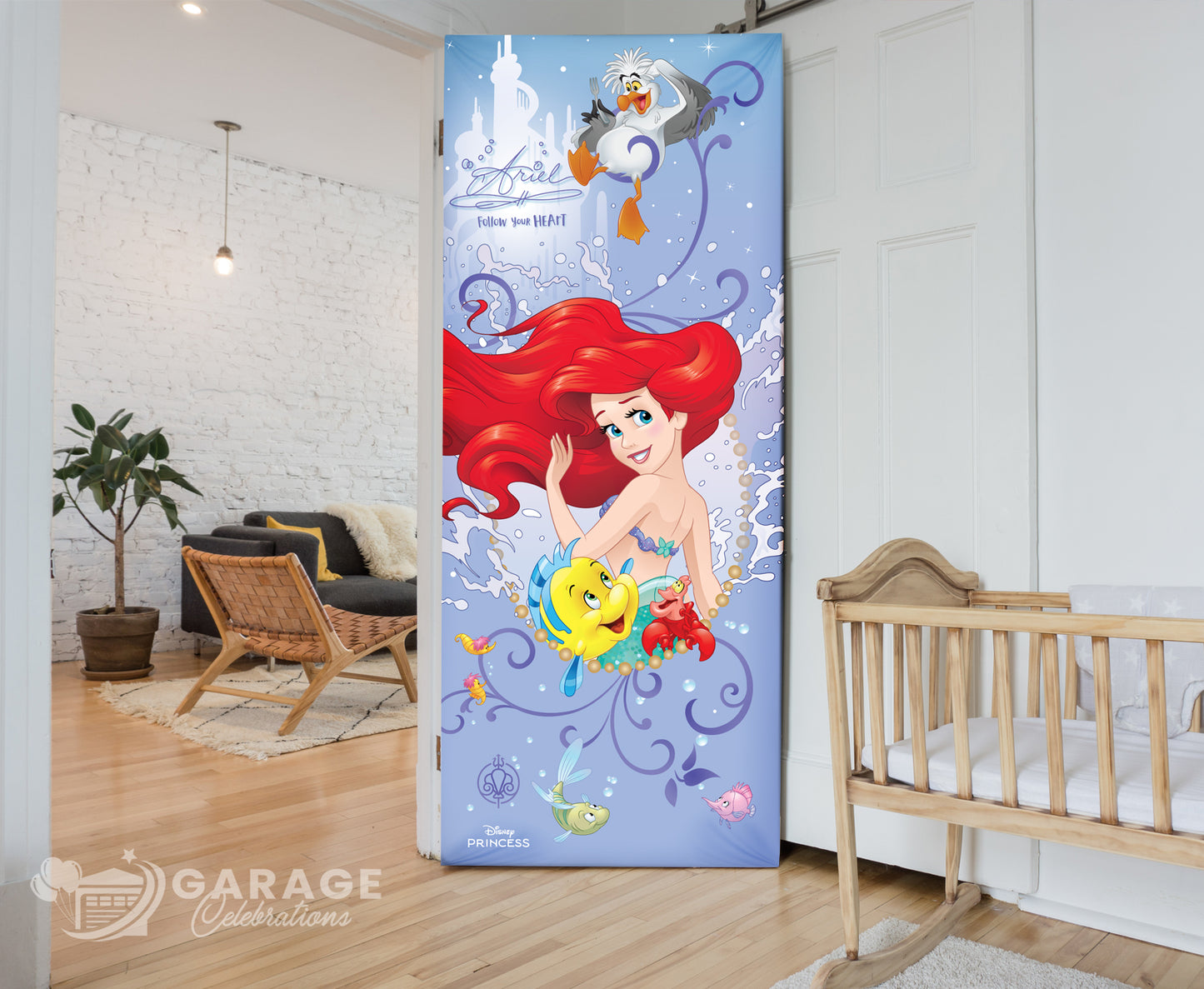 door cover featuring Princess Ariel from Disney's The Little Mermaid with sea-themed decorations and aquatic characters.
