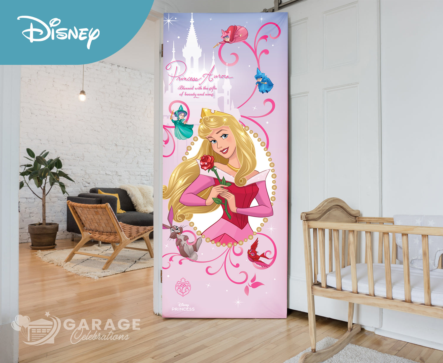 Garage door with Disney princess design in a room with a crib and plant.