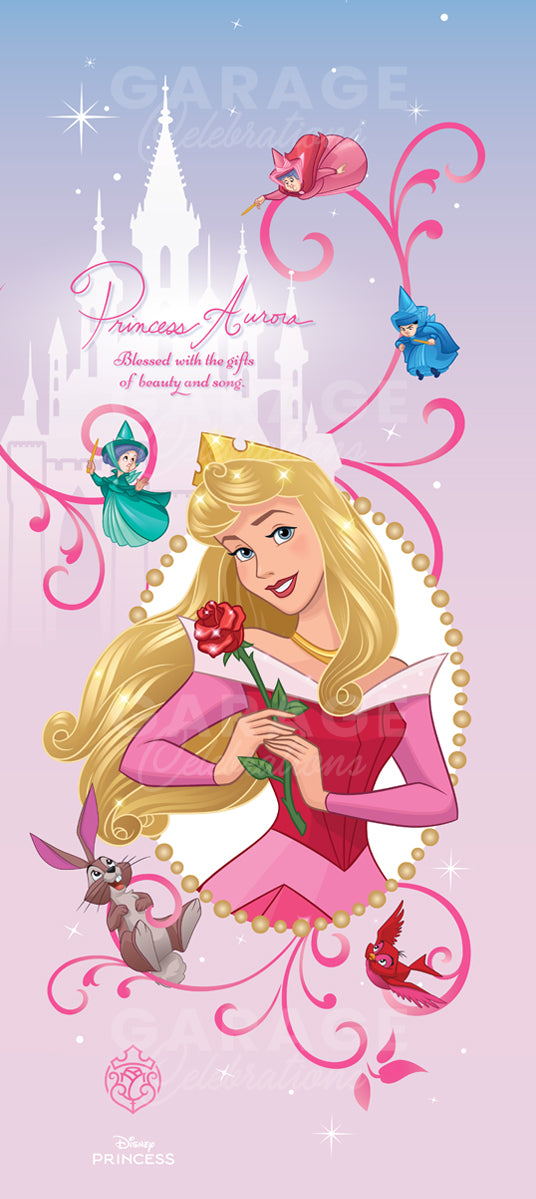 Illustration of a princess Aurora holding a rose with a castle and fairy characters in the background