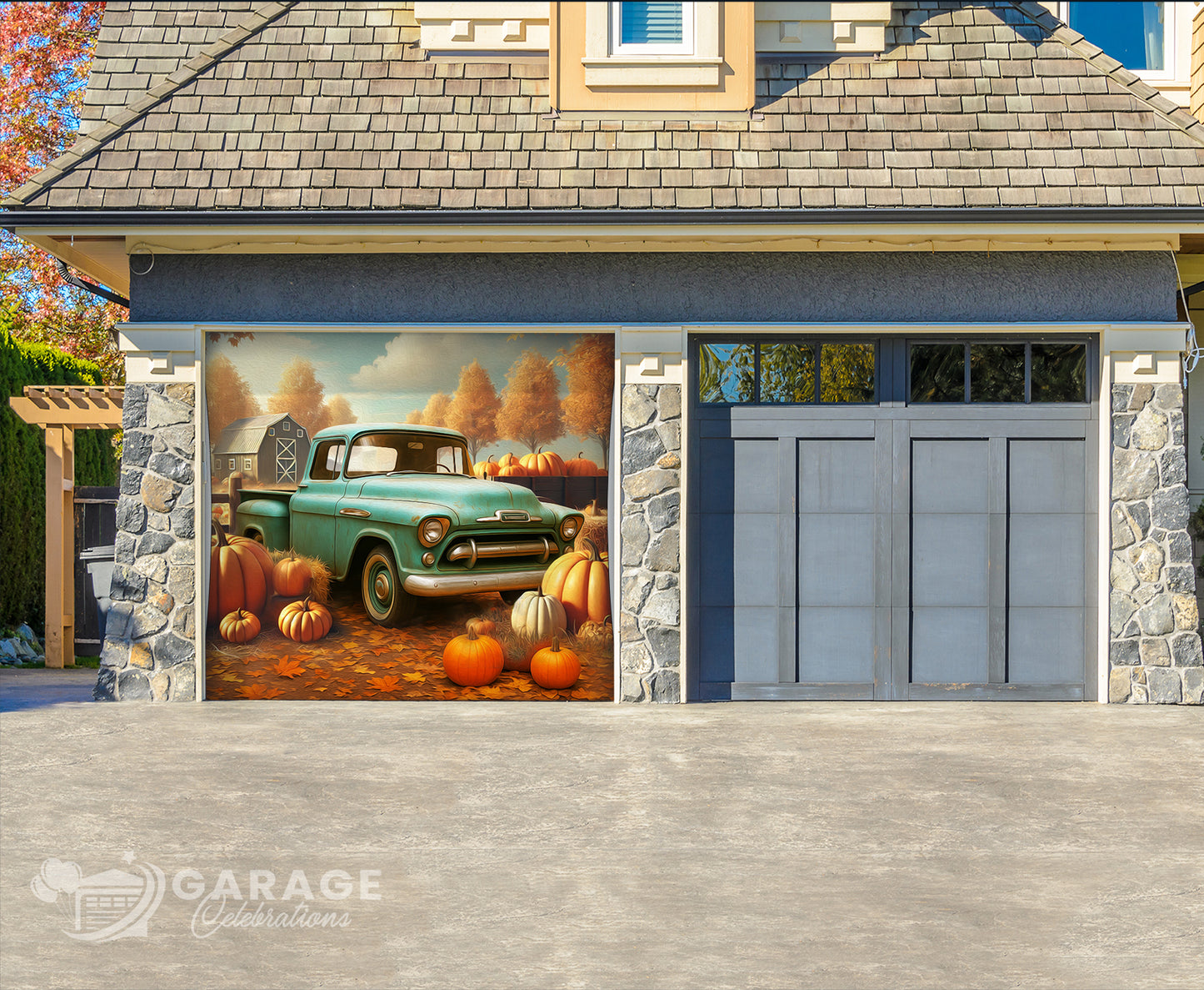 Garage door with a colorful design of a vintage truck and pumpkins, featuring the Garage Art Collective logo.