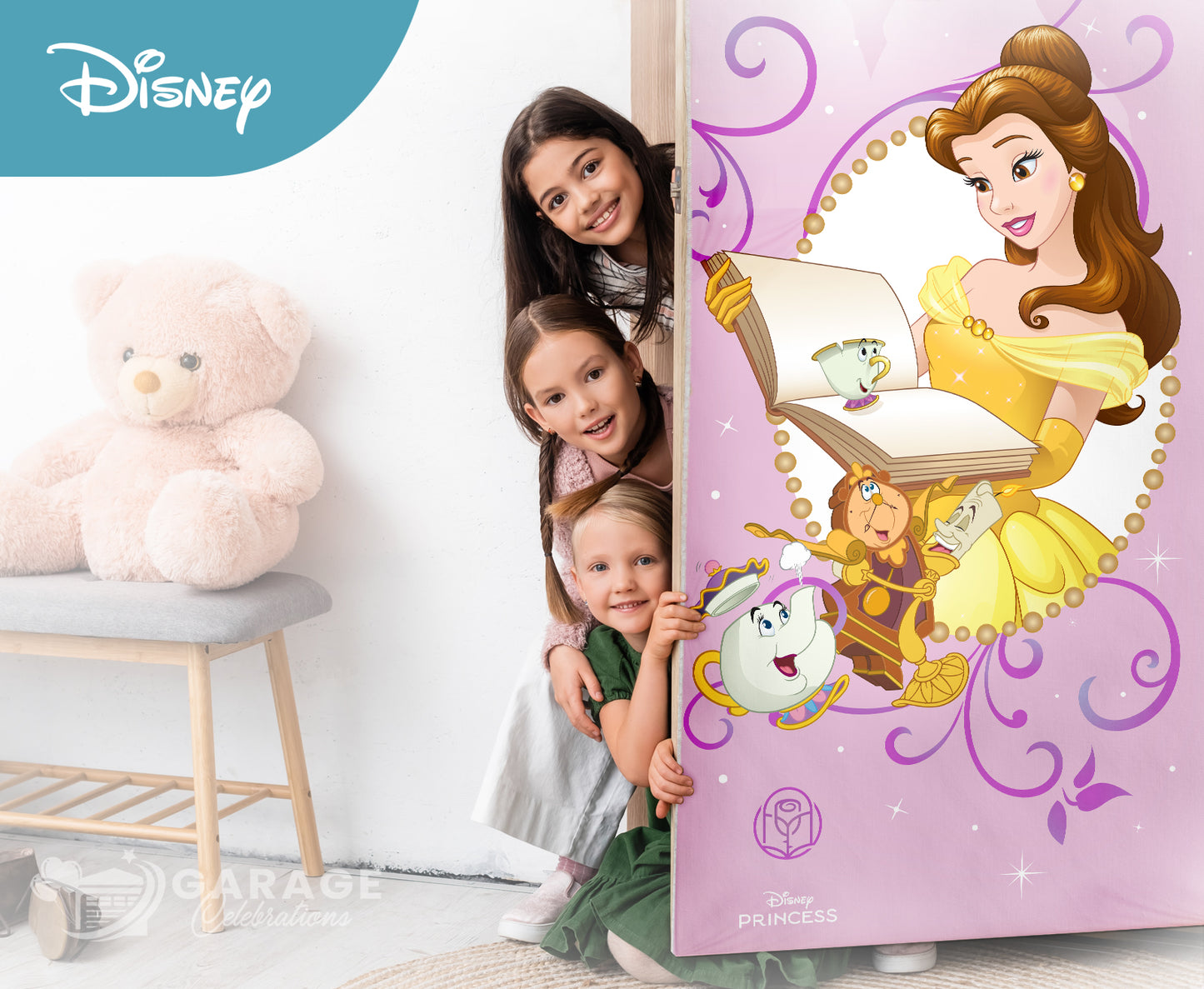 Children peeking from behind a Disney Princess-themed garage door cover featuring Belle and her friends.