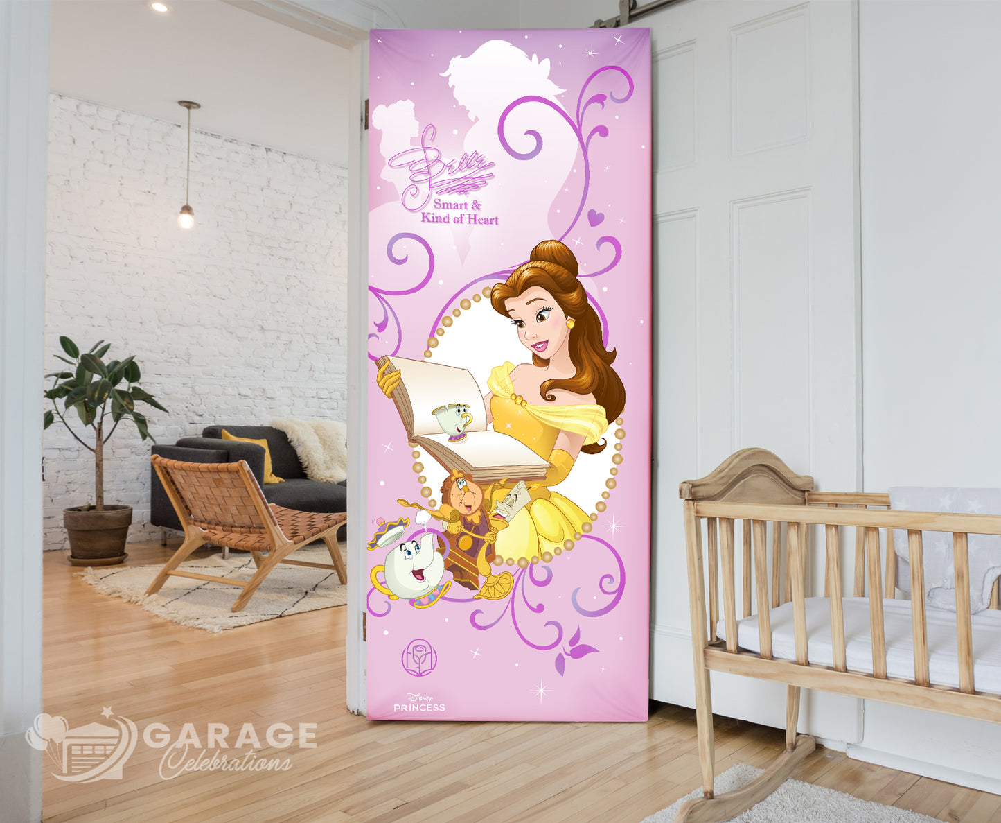 Decorative bedroom door with Disney Princess design in a room with a crib and plant.