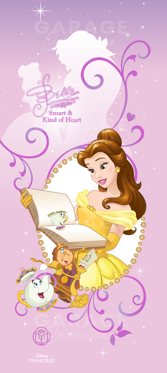 Disney Princess Belle character on a pink background with 'Beauty and the Beast' elements.