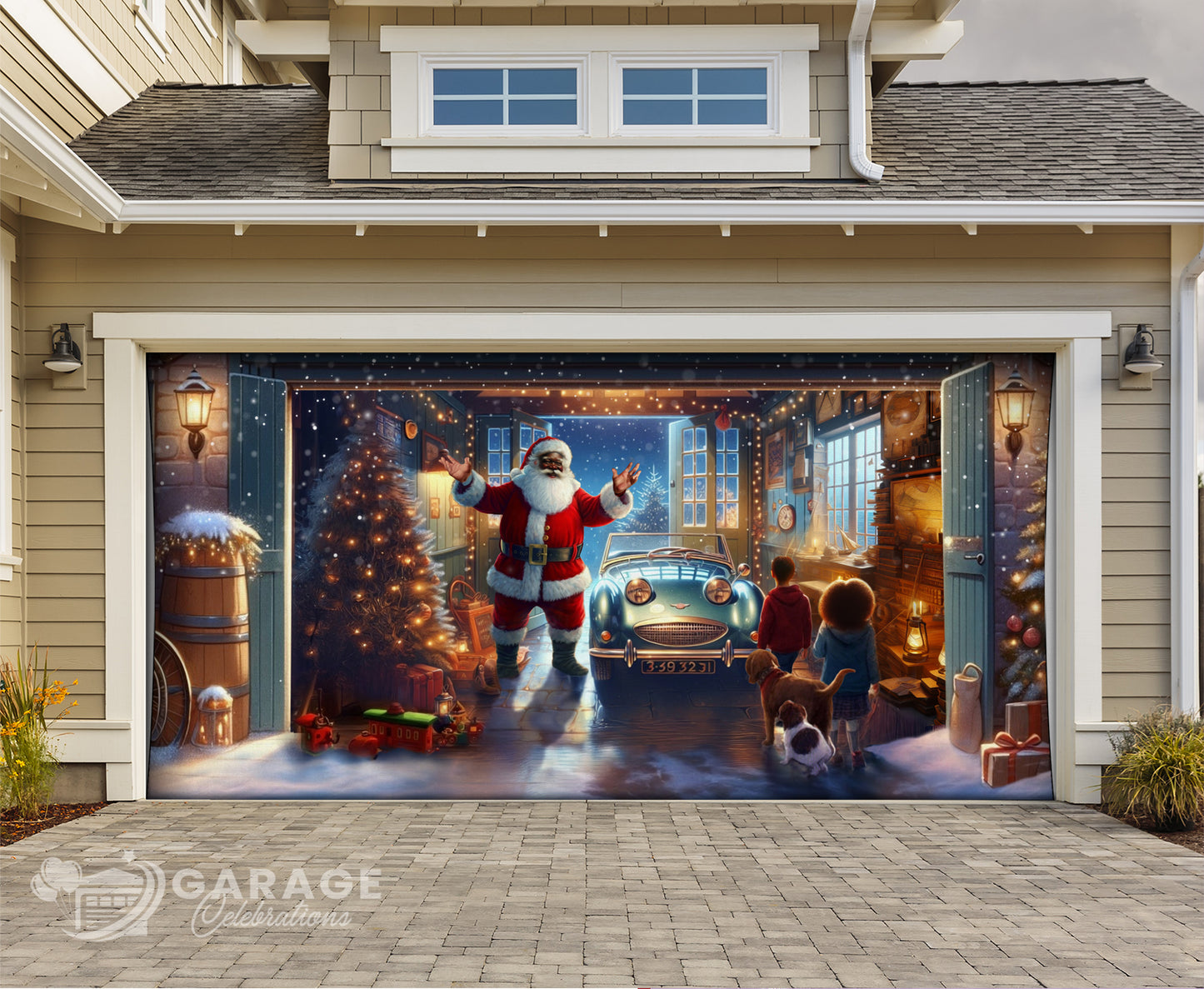 Decorative garage door with Black Santa Claus and black children scene, featuring a house exterior.