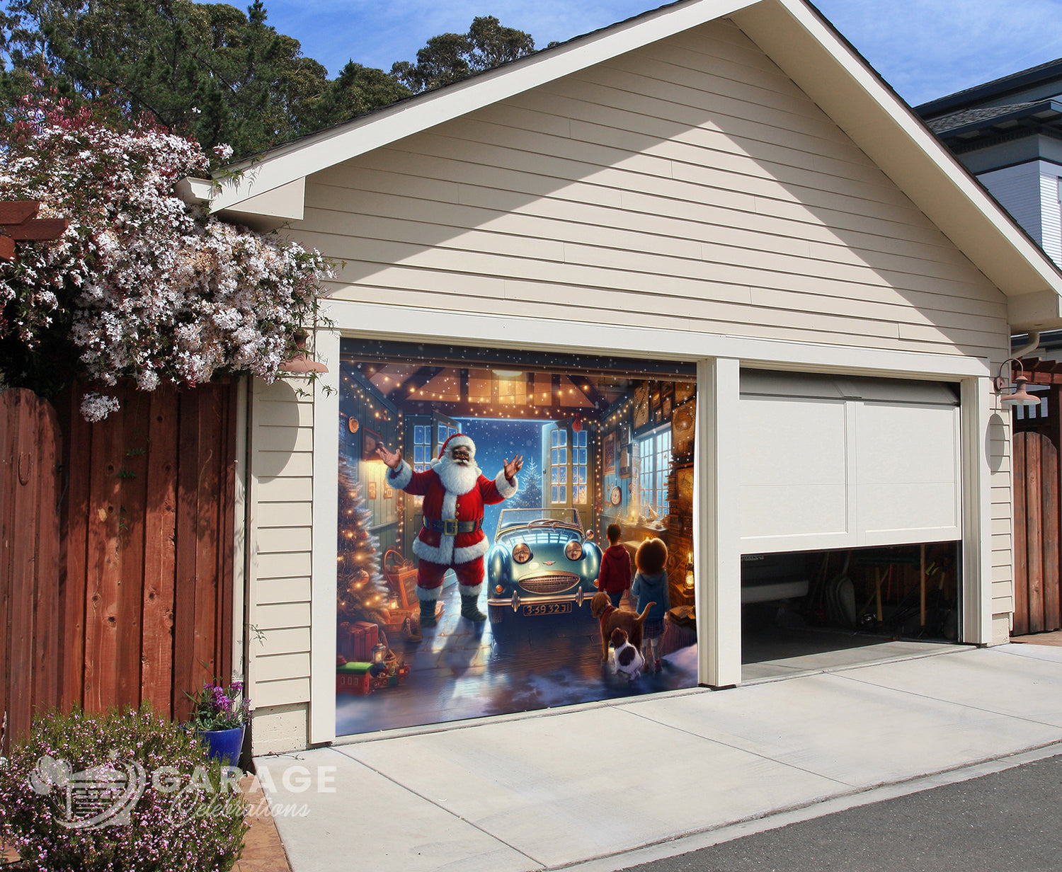 Garage door with a festive design featuring a Black Santa Claus and black children, with a house and trees in the background.