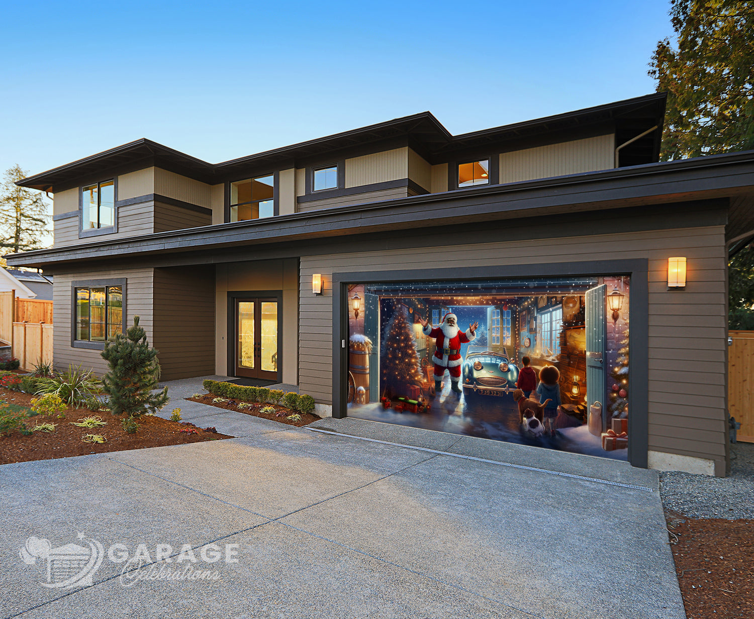 Modern house with a decorative garage door featuring Black Santa Claus and black children.