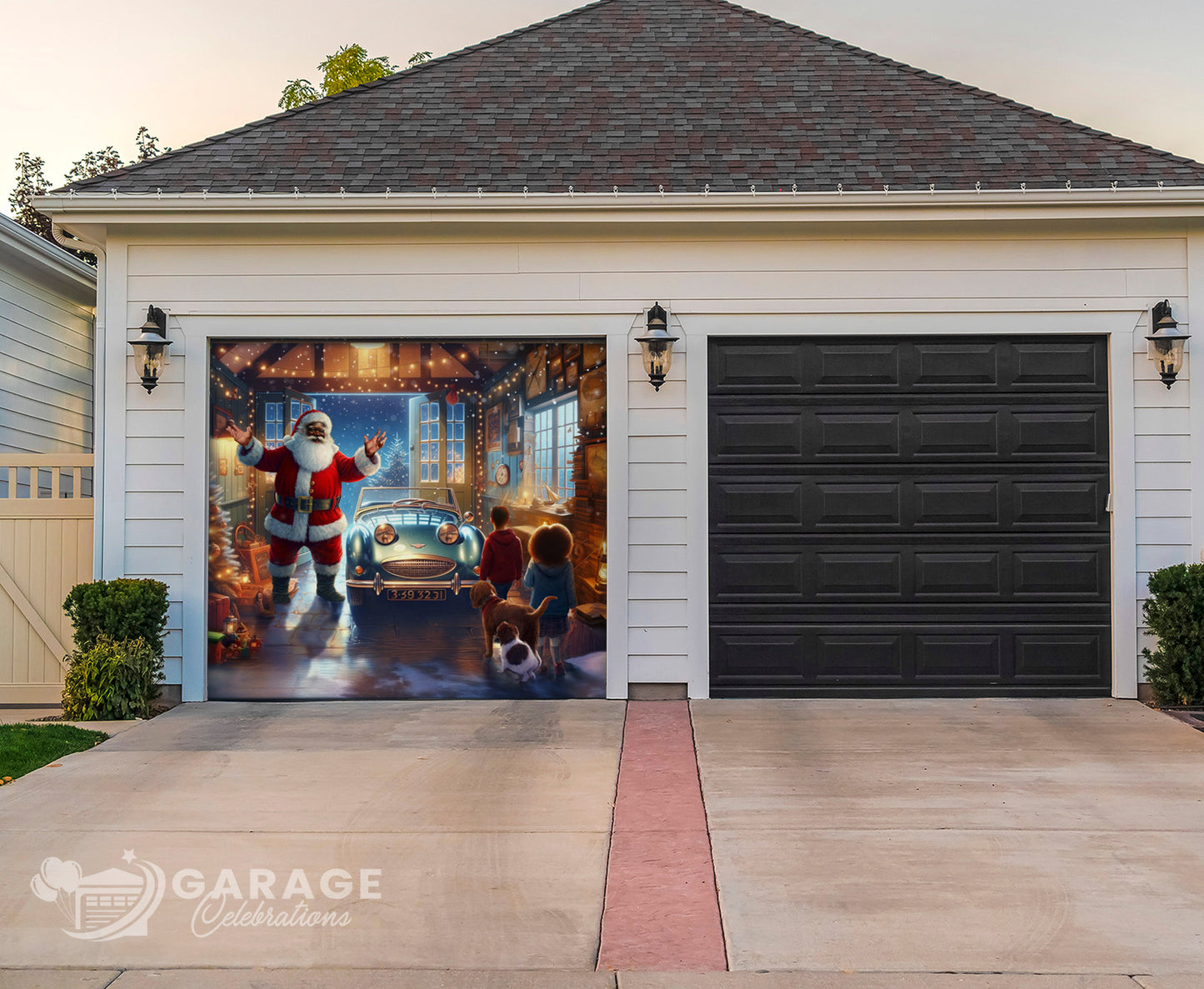 Garage door with a festive design featuring Black Santa Claus, black children, and a dog.