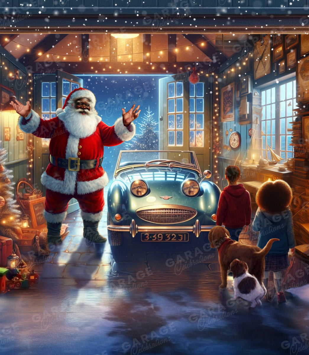 Black Santa Claus in a workshop with black children and a car, surrounded by festive decorations.