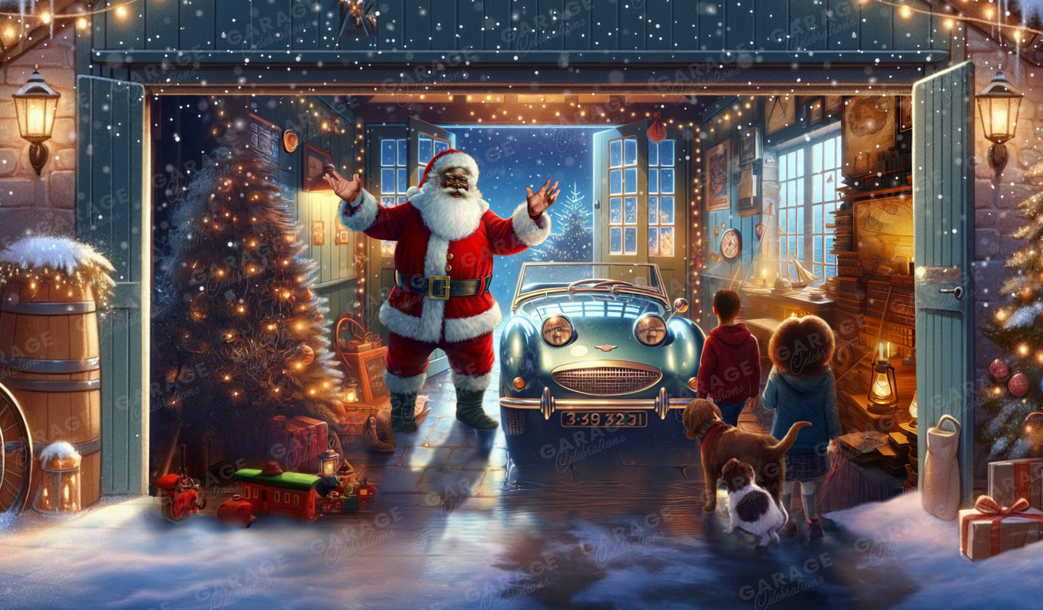 Black Santa Claus opening a door to a snowy scene with a vintage car and black children.