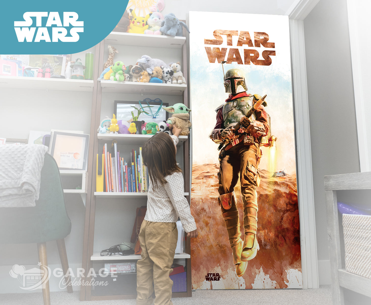 Child looking at a Boba Fett 'Star Wars' poster in a room with shelves and toys.