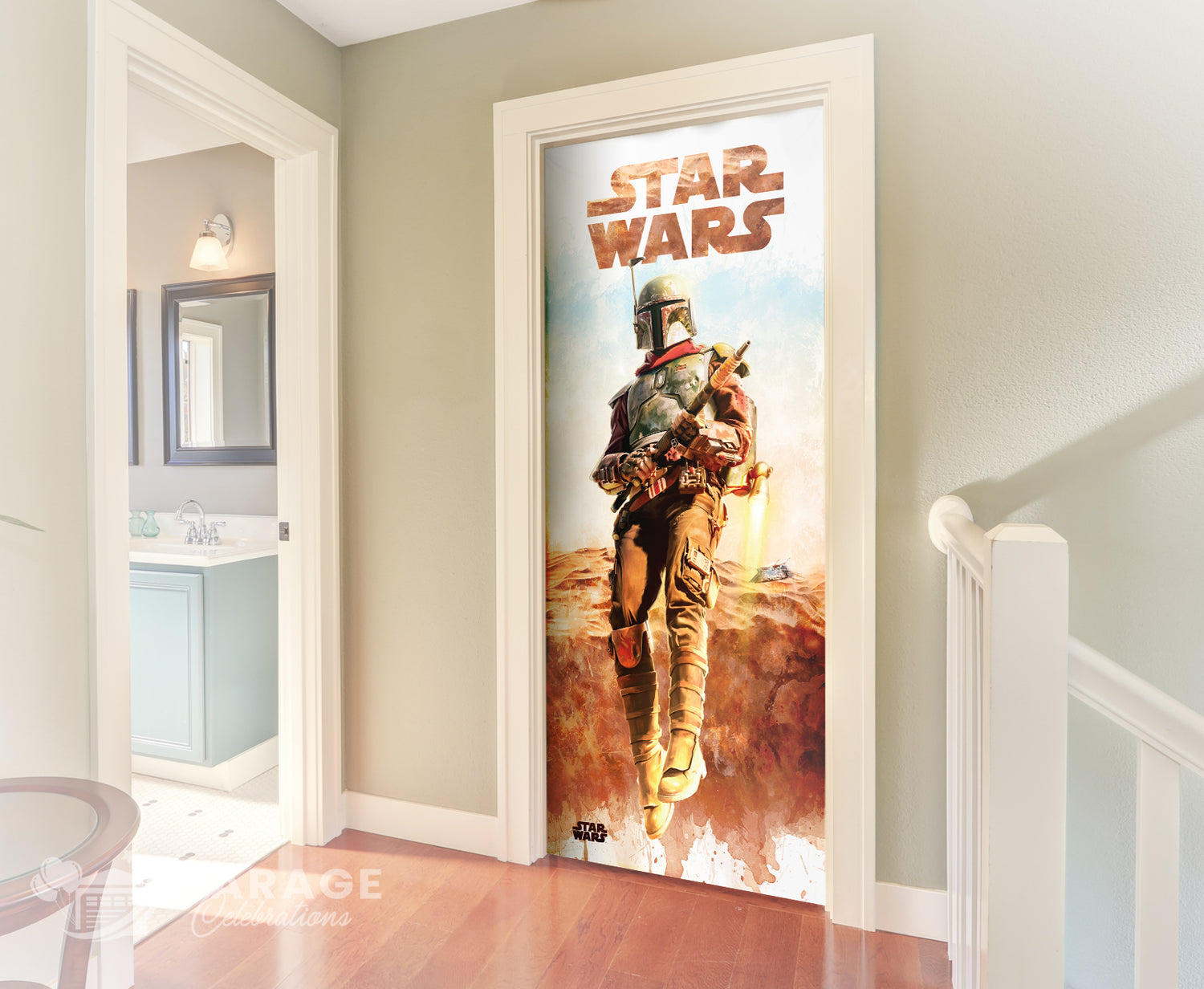 Door with a Star Wars-themed poster featuring a Boba Fett in a desert setting.