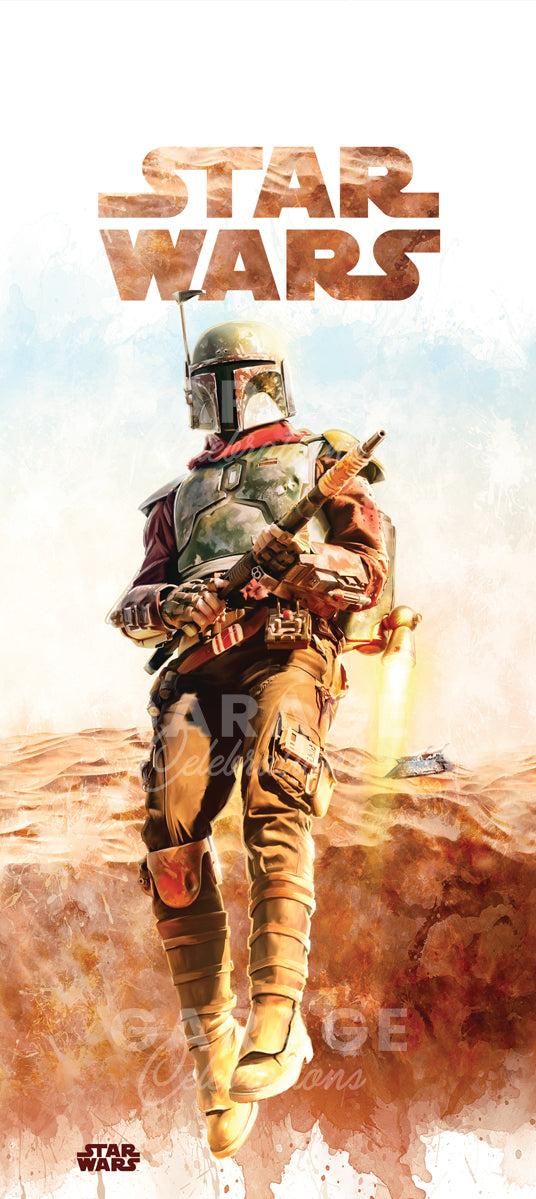 Boba Fett "Star Wars" in a desert scene with blaster.