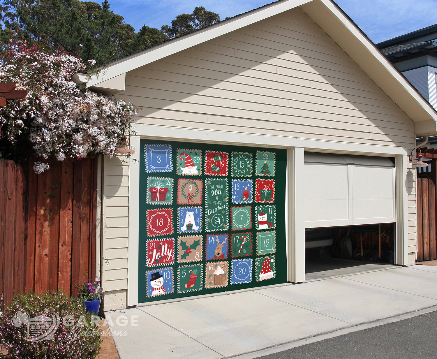 Garage door with a colorful Christmas-themed advent calendar quilt design
