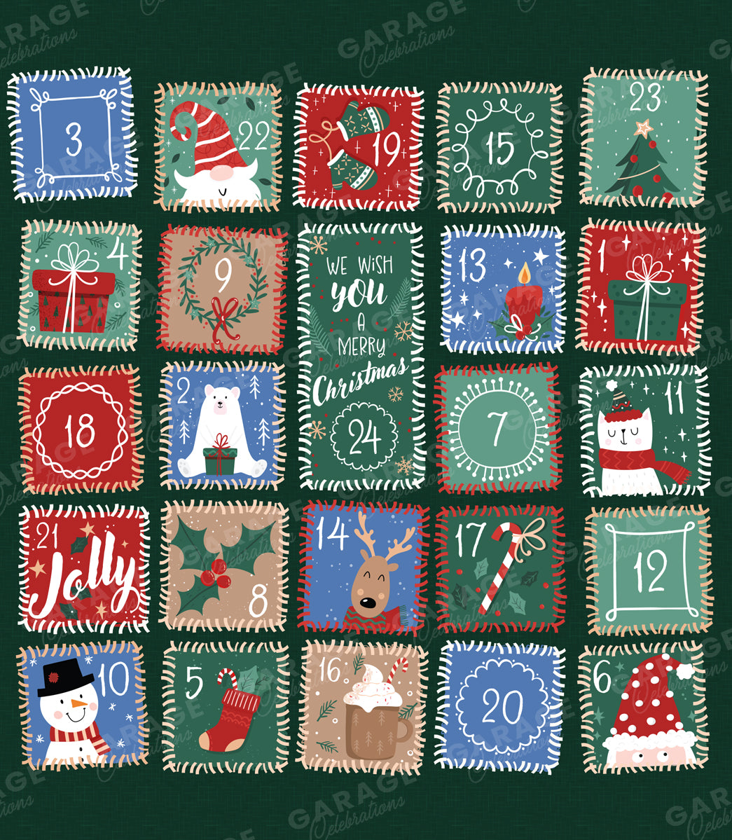 Advent calendar with Christmas-themed designs on a dark green background