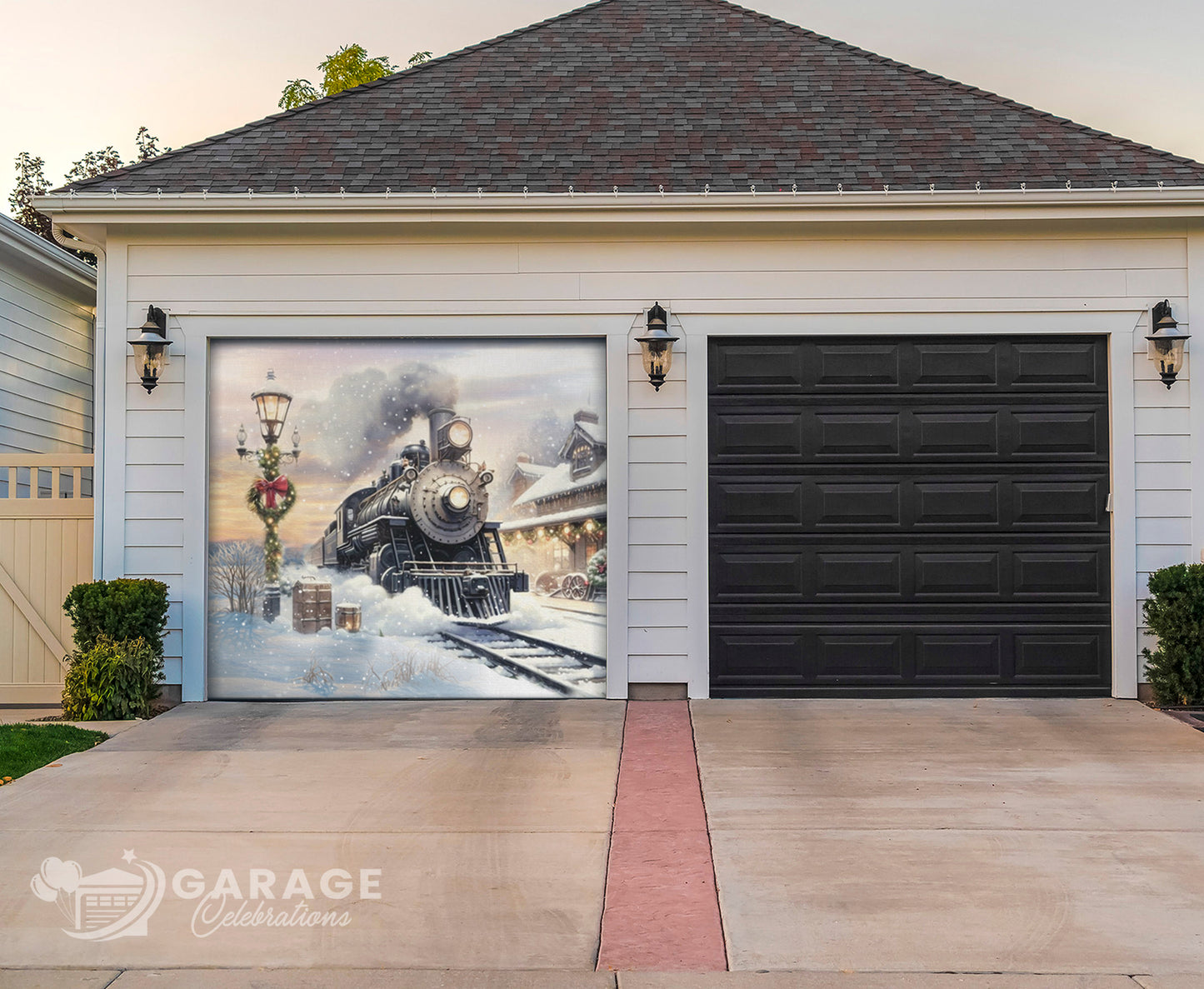Garage door with a decorative mural of a steam locomotive on a house exterior.