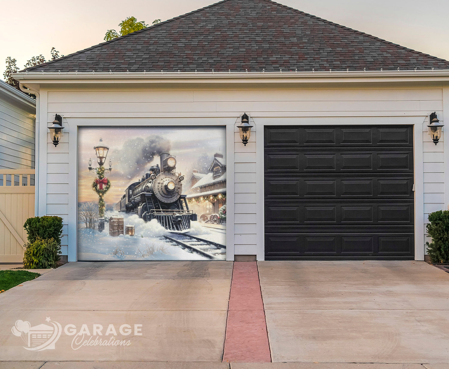 Garage door with a decorative mural of a steam locomotive on a house exterior.