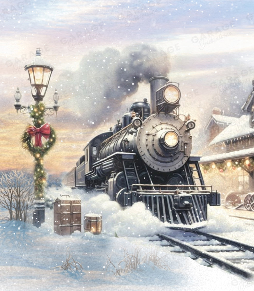 Vintage steam train on snow-covered tracks with a festive street lamp in the foreground.