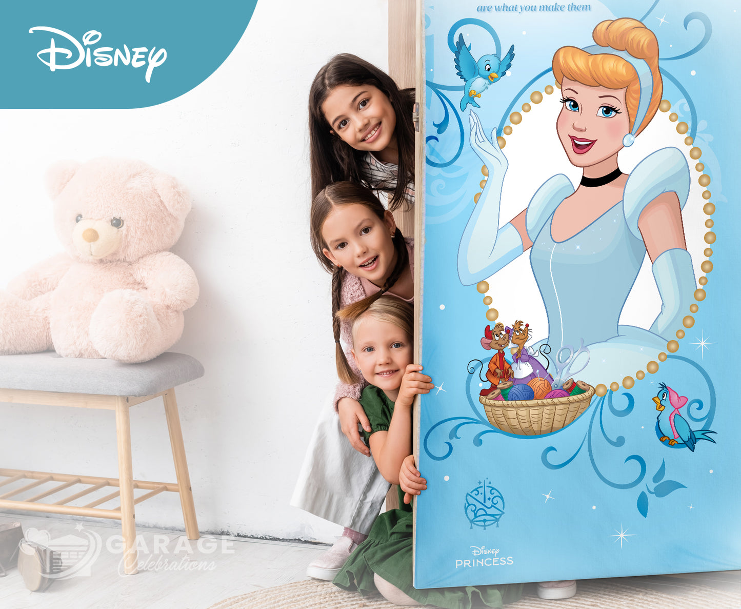 Children peeking from behind a Cinderella-themed door with a Disney logo.