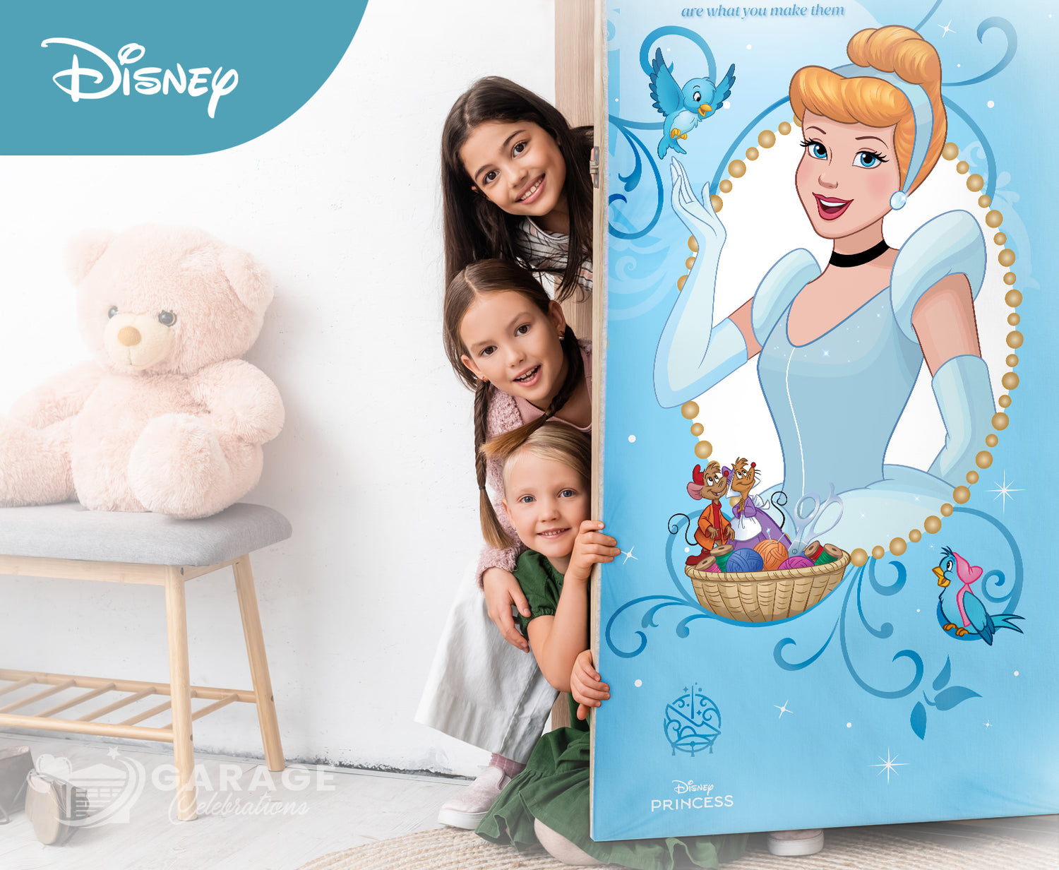 Children peeking from behind a Cinderella-themed door with a Disney logo.