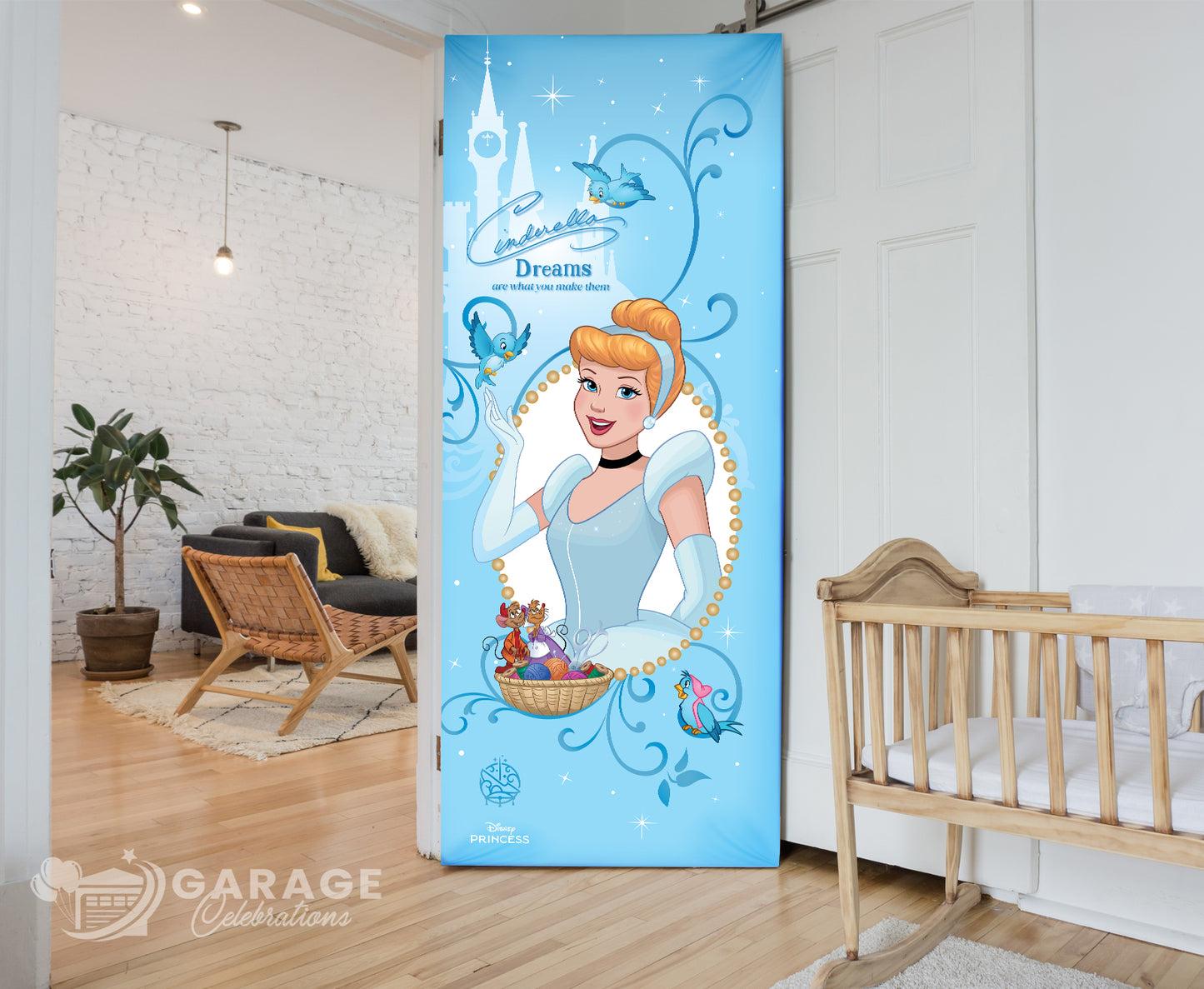Cinderella-themed bedroom door cover in a room with a crib and plant.