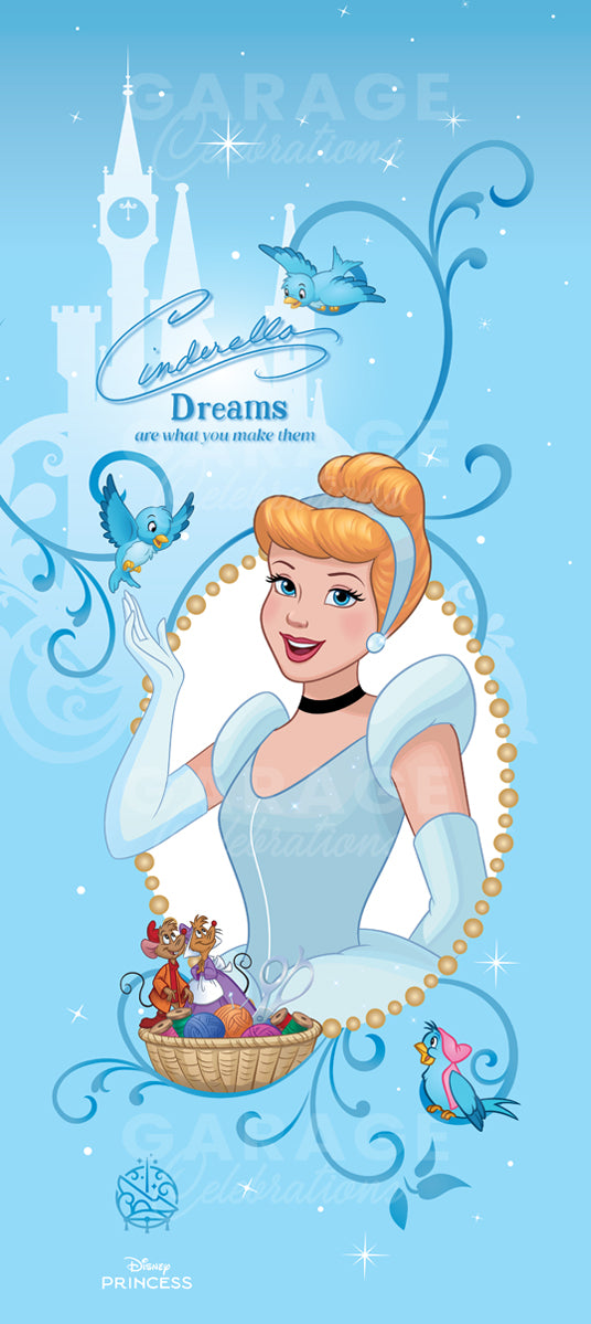 Cinderella in a blue dress with birds and castle on a light blue background