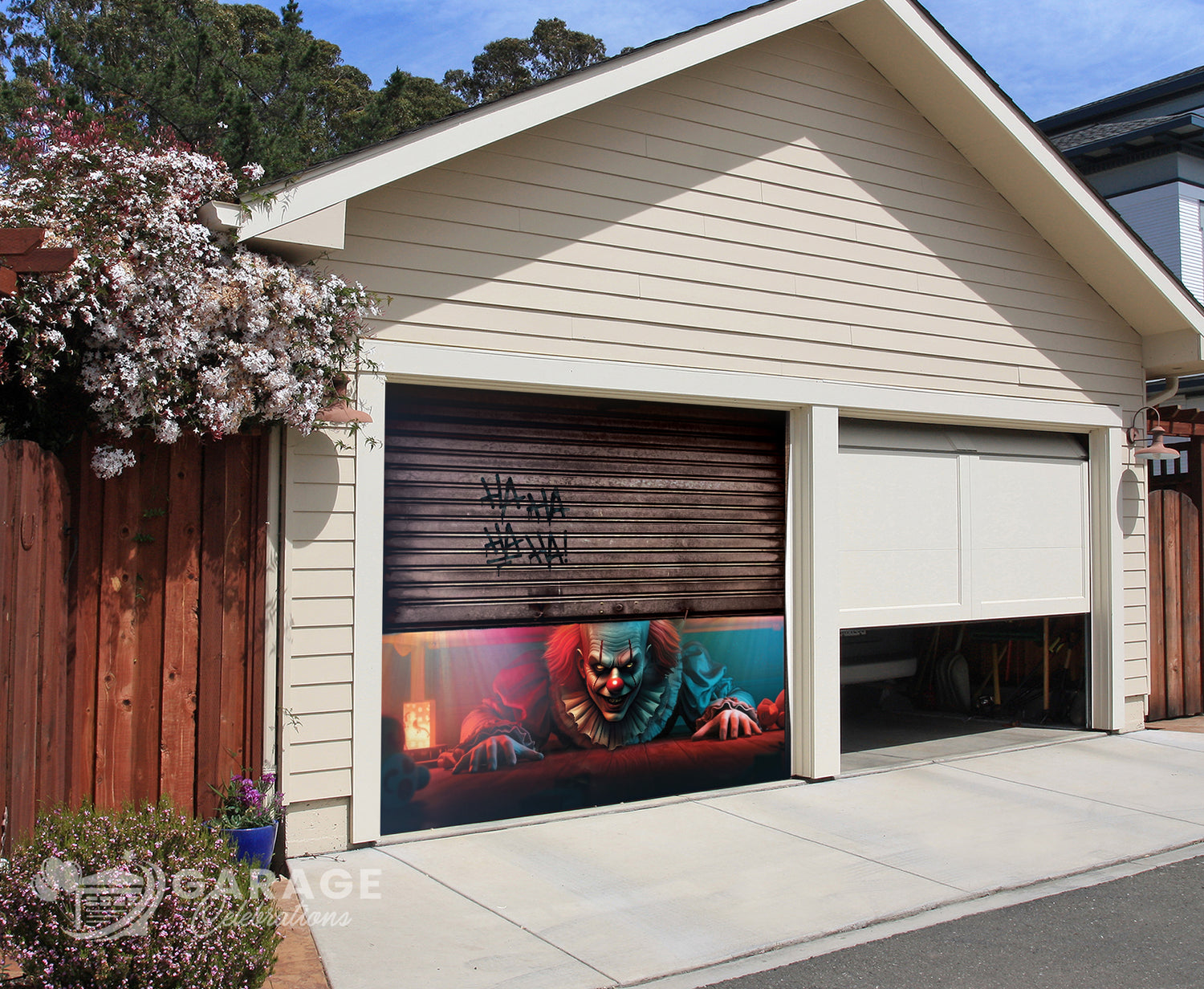 Garage door with a colorful design featuring a n evil clown appearing below a garage door.