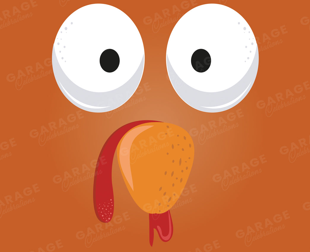 Cartoonish Turkey face with large white eyes and a red tongue on an orange background