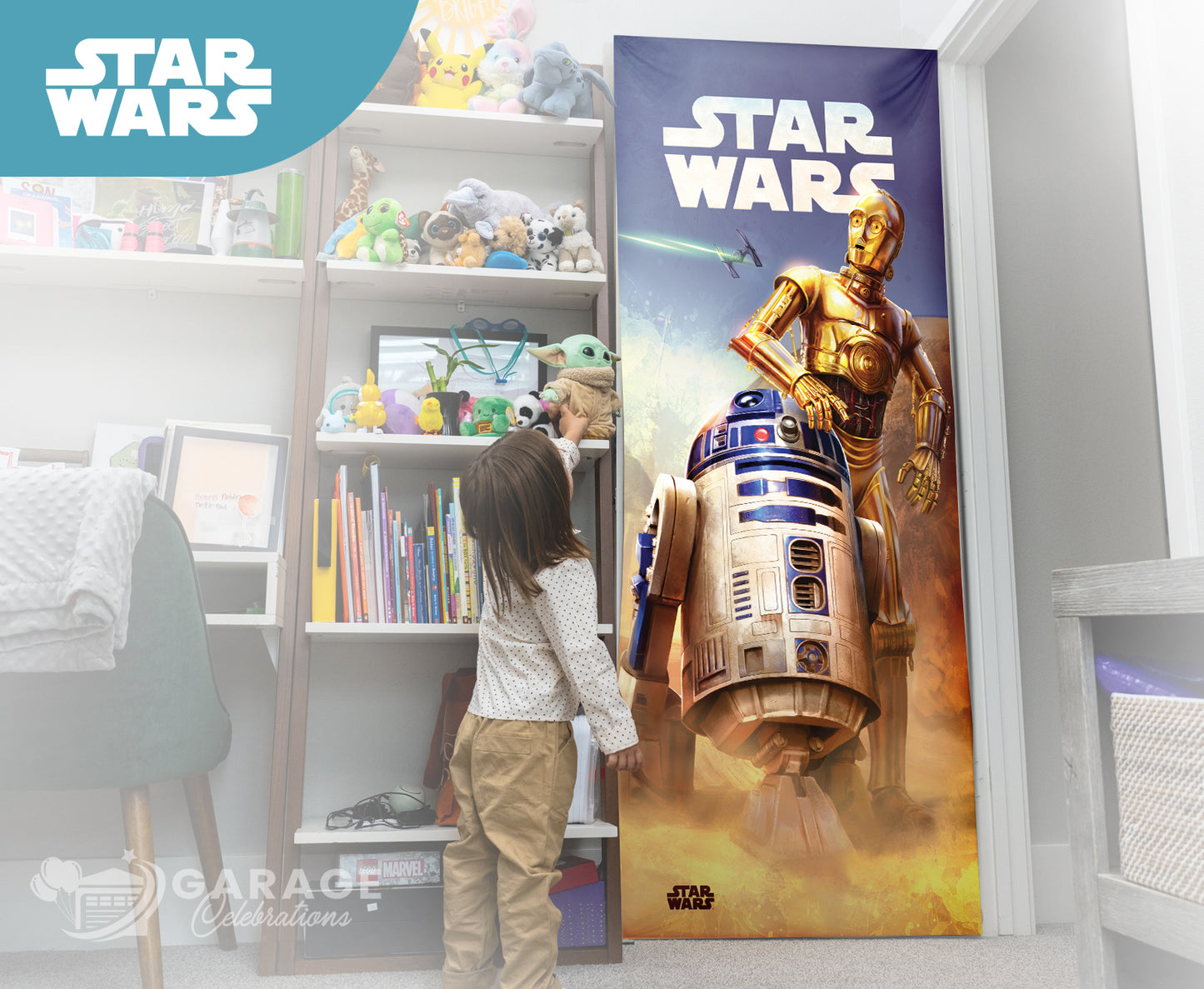 Child looking at a 'Star Wars' poster featuring C-3PO and R2-D2 in a room with shelves and toys.