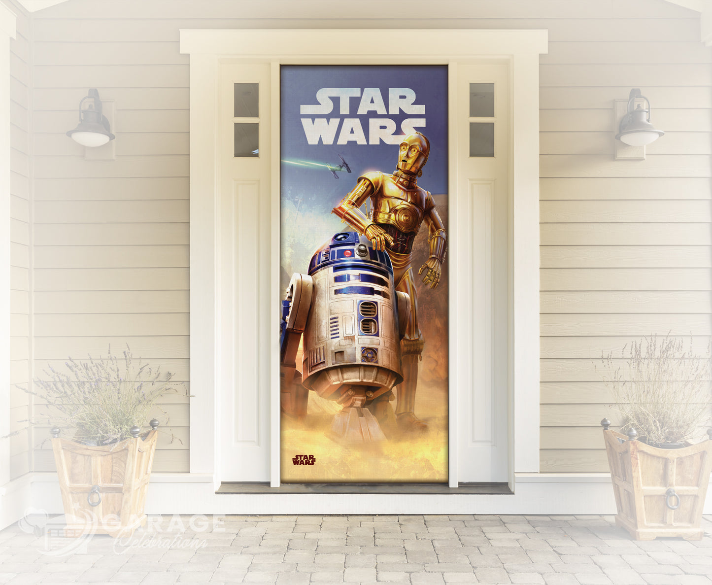 Star Wars poster featuring C-3PO and R2-D2 on a door with a light gray wall and white trim.
