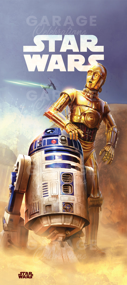 Two robots, C-3PO and R2-D2, standing together with 'Star Wars' branding in the background.