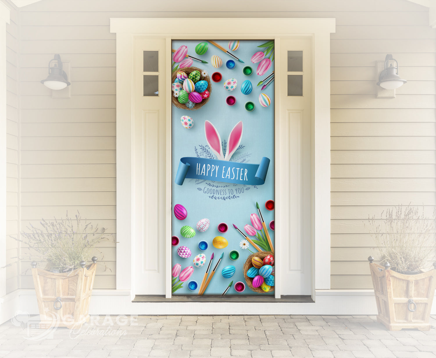 Decorative door with Easter-themed design featuring eggs, flowers, and a basket.