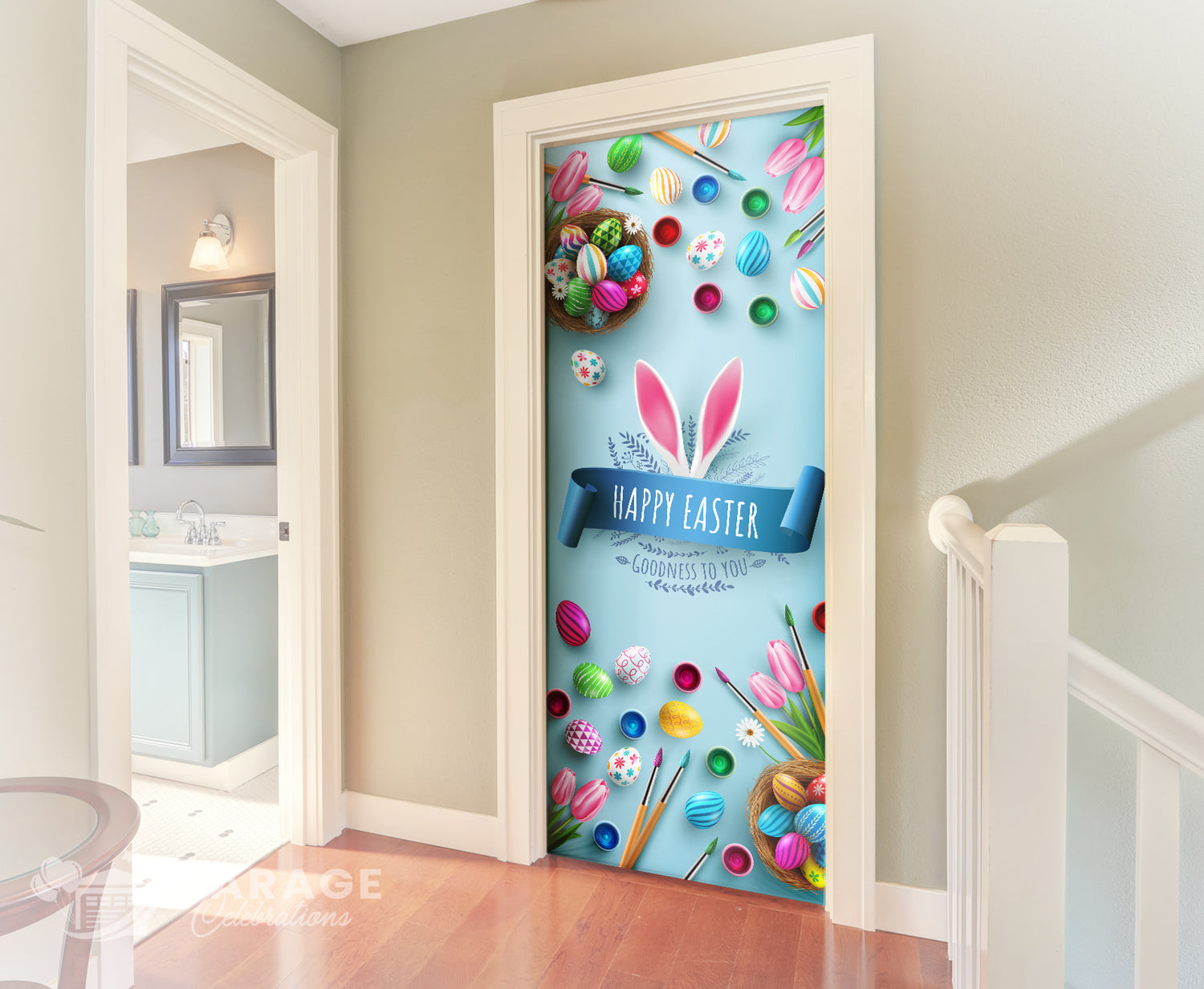 Decorative door with Easter design featuring eggs, flowers, and bunny ears.