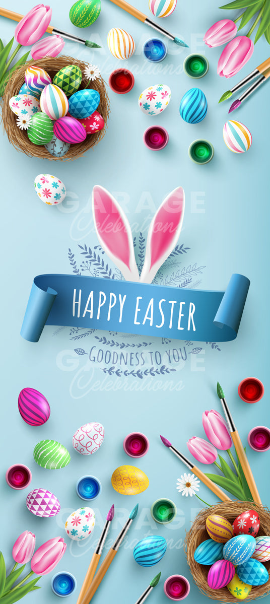 Colorful Easter eggs, bunny ears, and paintbrushes on a light blue background with 'Happy Easter' text.