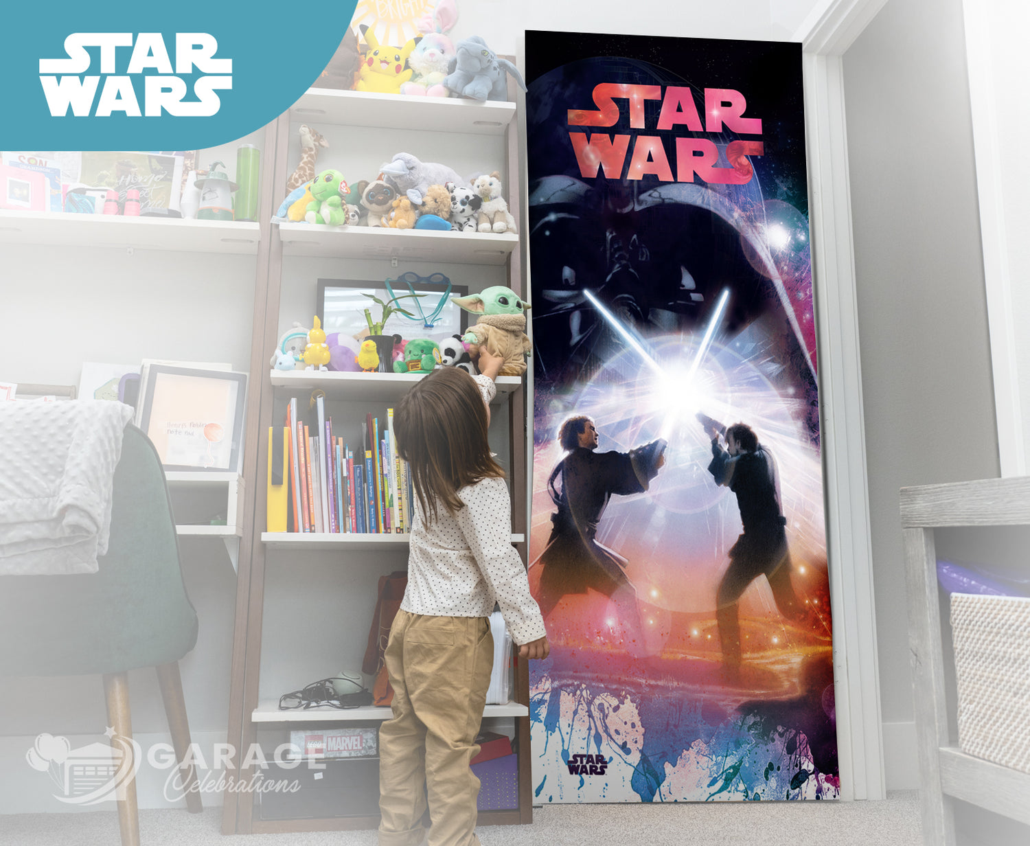 Child standing in front of a 'Star Wars' themed door decal in a room with shelves and toys.