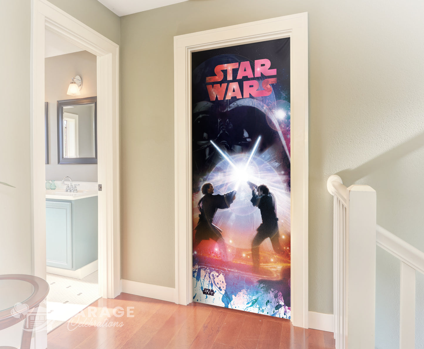 Door with a Star Wars-themed poster in a room with a bathroom.