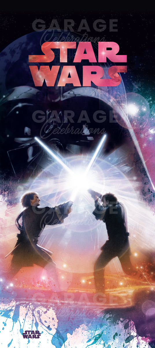 Star Wars-themed garage door with characters and lightsabers